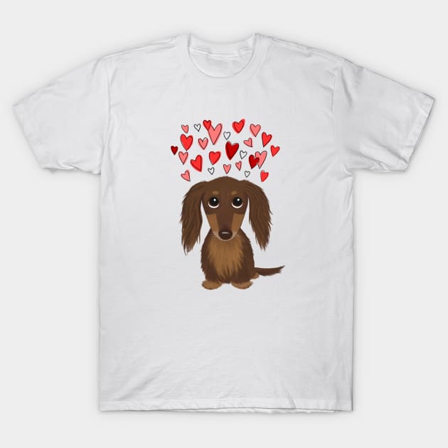 Cute Wiener Dog | Longhaired Chocolate Dachshund with Valentine Hearts T-Shirt by Coffee Squirrel